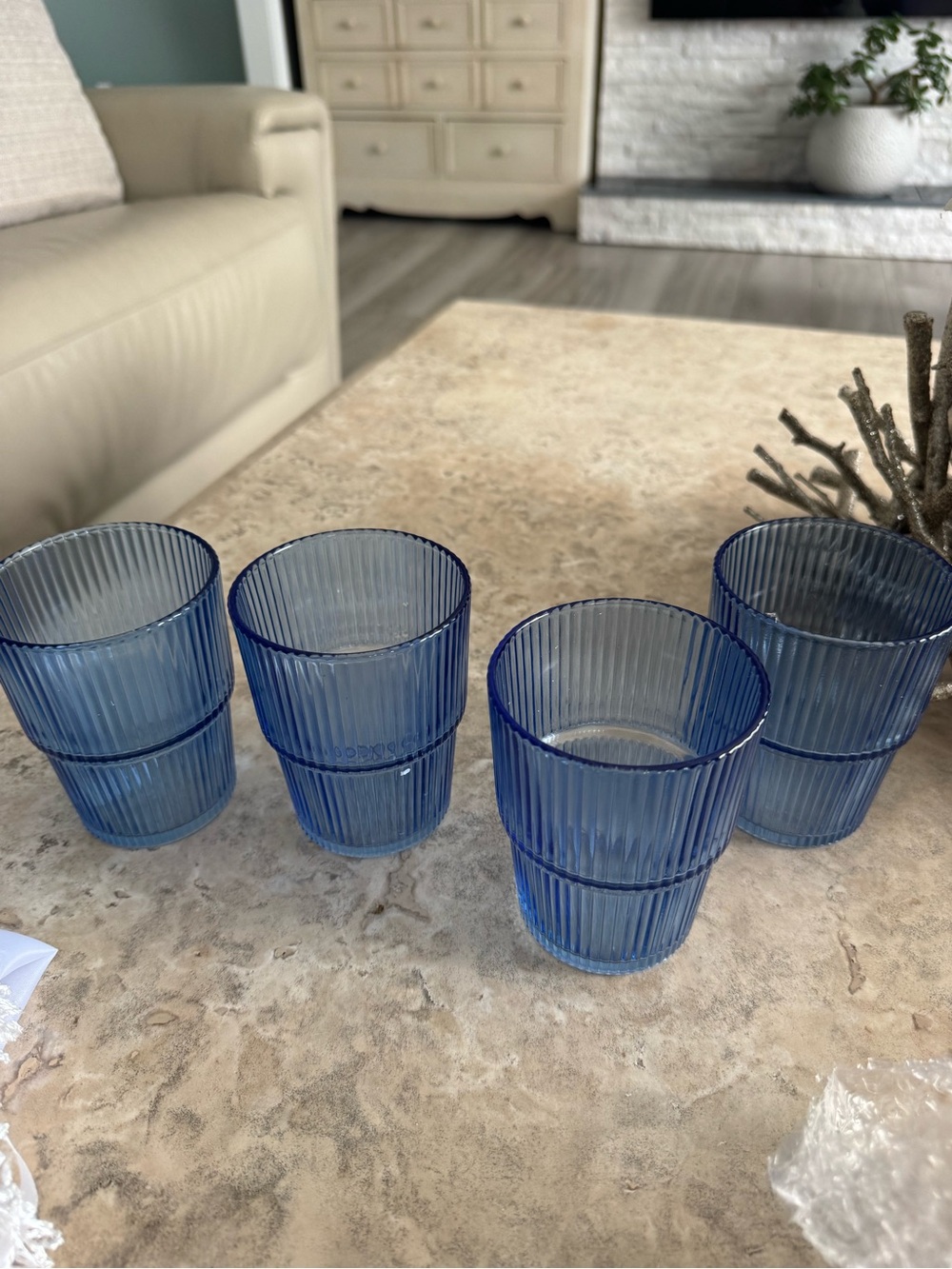 Set of 4 Ribbed Blue Glassware